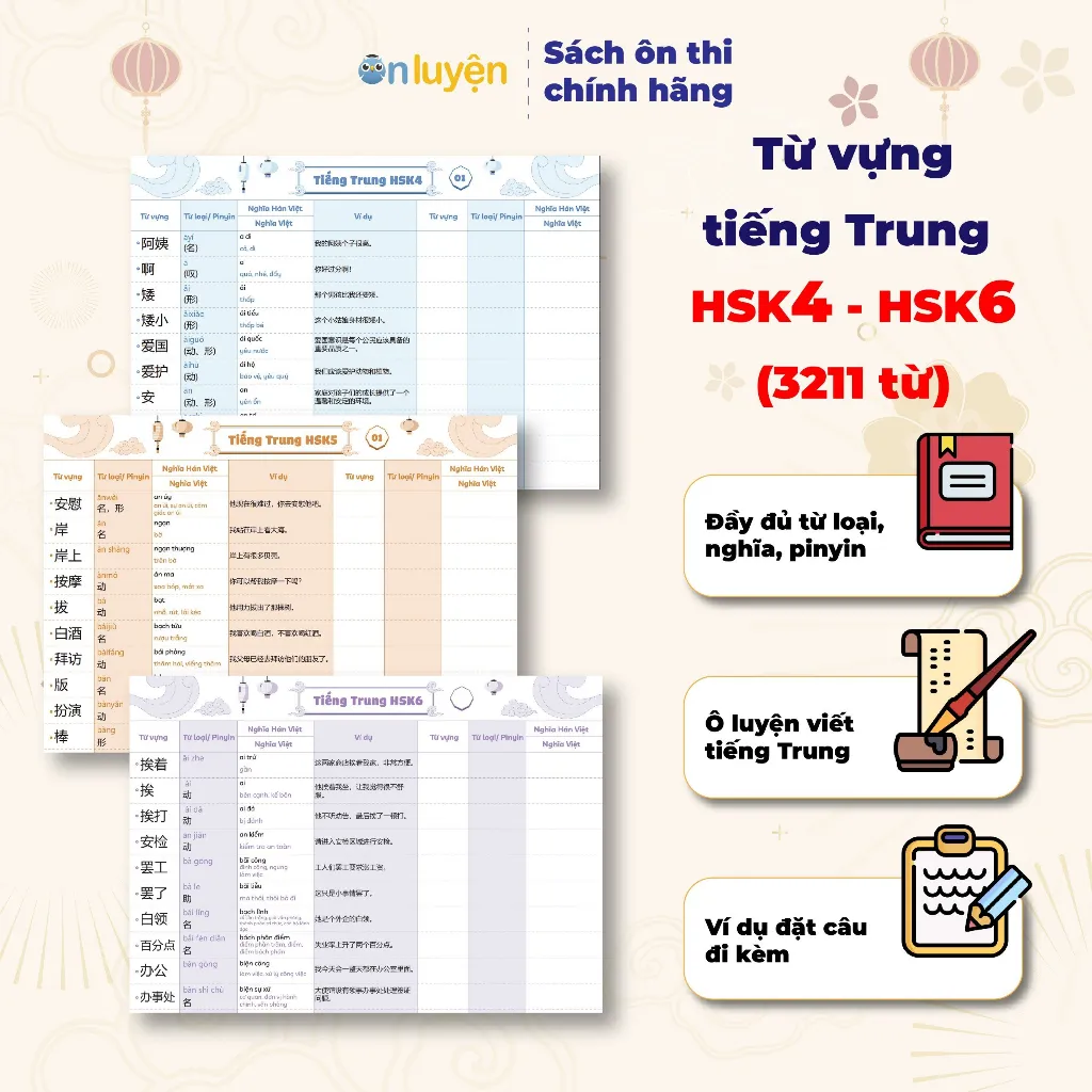 Ảnh Takenote từ vựng Tiếng Trung HSK1- HSK6 có đủ từ loại, nghĩa, pinyin, ô luyện viết, kèm ví dụ 4
