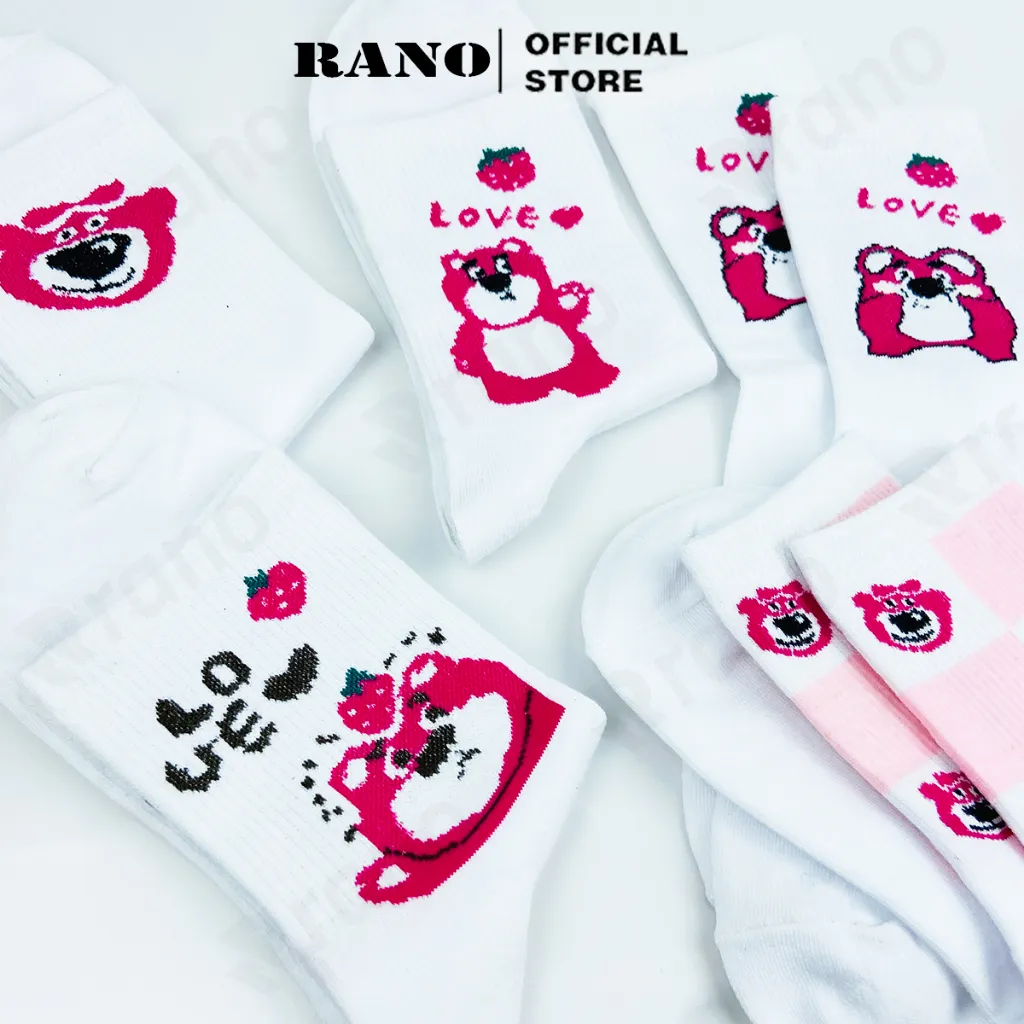 Ảnh Tất nữ cổ cao họa tiết gấu dâu tây hồng RANO cotton màu trắng dễ thương hàn quốc đáng yêu 1