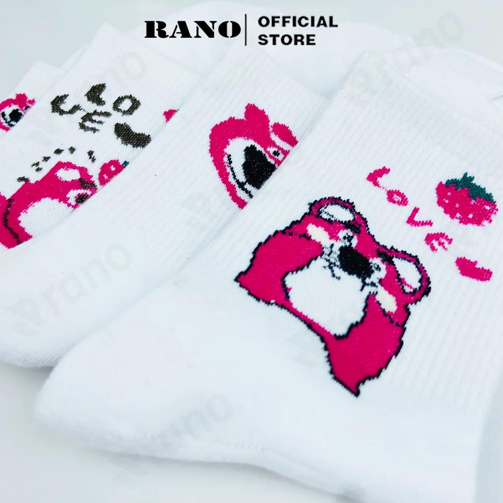 Ảnh Tất nữ cổ cao họa tiết gấu dâu tây hồng RANO cotton màu trắng dễ thương hàn quốc đáng yêu 2