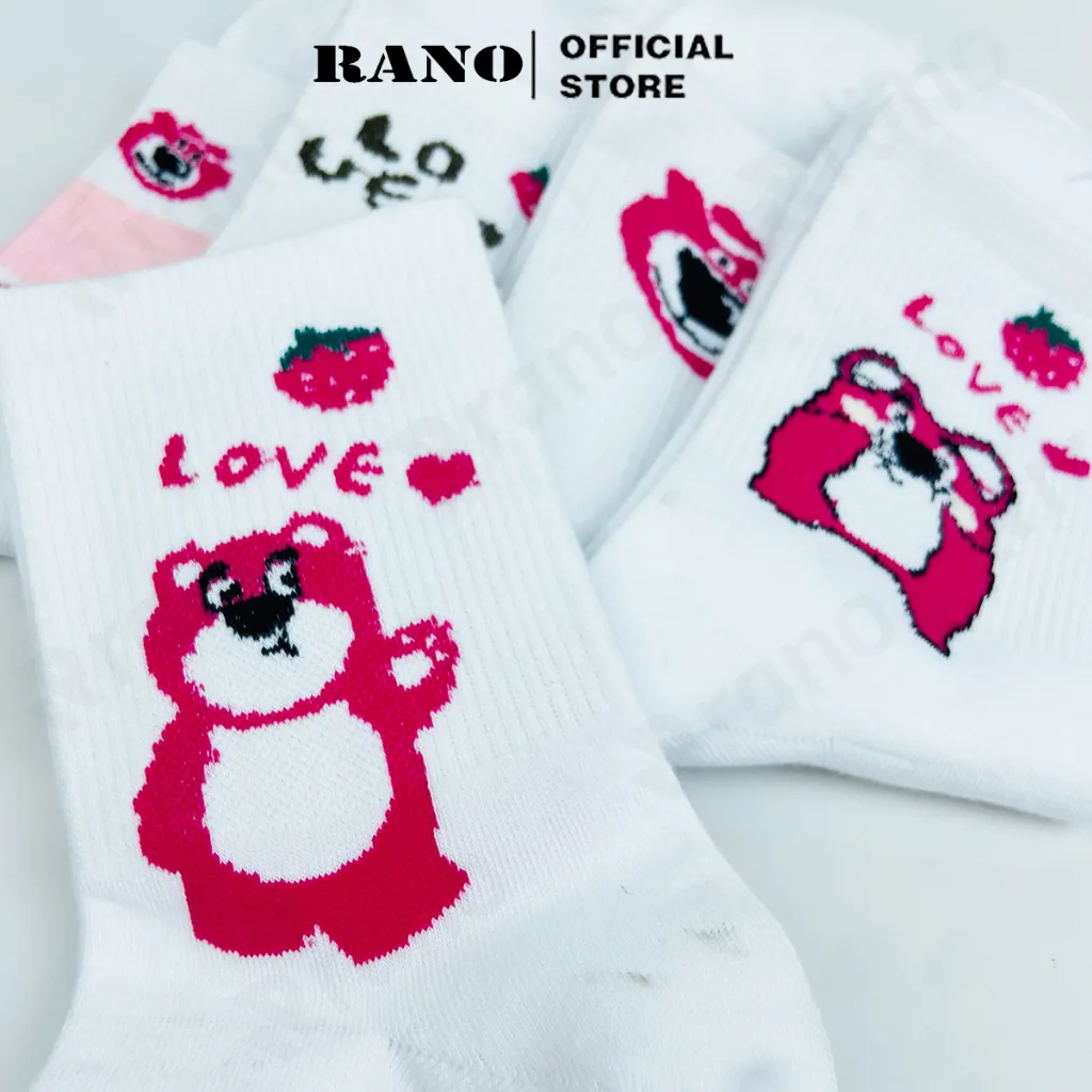 Ảnh Tất nữ cổ cao họa tiết gấu dâu tây hồng RANO cotton màu trắng dễ thương hàn quốc đáng yêu 3