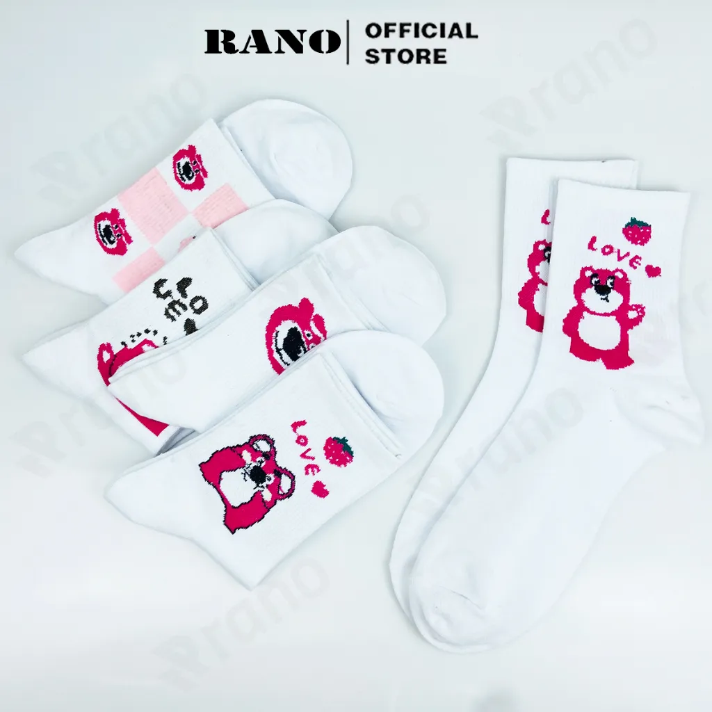 Ảnh Tất nữ cổ cao họa tiết gấu dâu tây hồng RANO cotton màu trắng dễ thương hàn quốc đáng yêu 4
