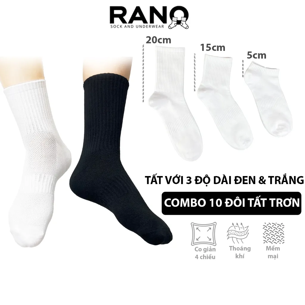Combo 10 Tất Vớ Cổ Cao Trơn Đen Trắng RANO Unisex - Cotton Êm Ái, Thoáng Khí, Bền Đẹp