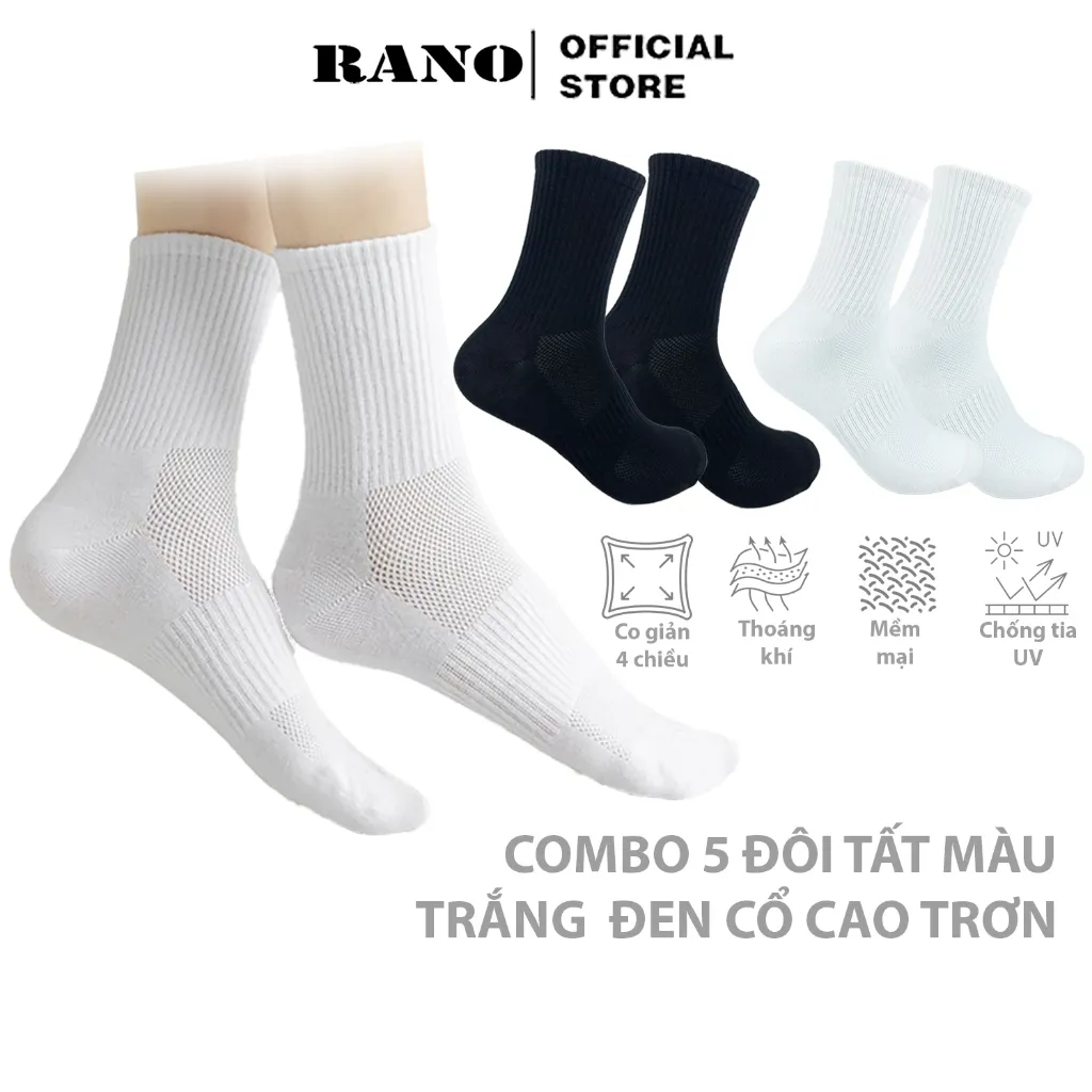 Ảnh Tất vớ nam nữ cổ cao trơn đen trắng Basic 20cm unisex RANO khử mùi hôi chân chất liệu dày dặn CB5_T 1