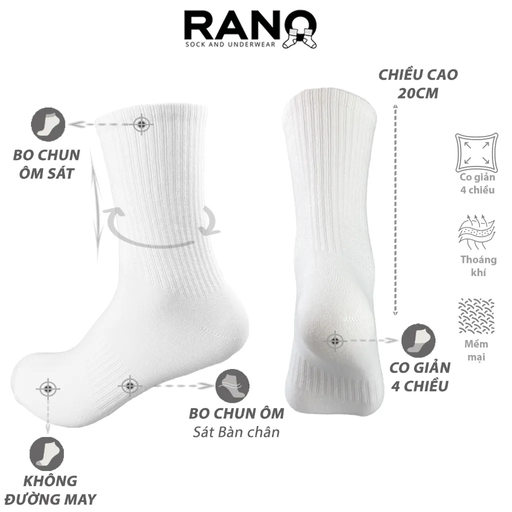 Ảnh Tất vớ nam nữ cổ cao trơn đen trắng Basic 20cm unisex RANO khử mùi hôi chân chất liệu dày dặn CB5_T 2