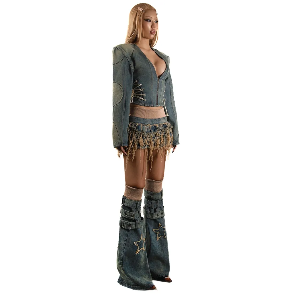 Ảnh TATICHU - POP Distressed Layered Denim Mini Skirt - Chân váy jeans tầng xếp ly washed tua rua 1
