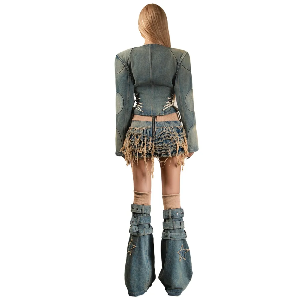 Ảnh TATICHU - POP Distressed Layered Denim Mini Skirt - Chân váy jeans tầng xếp ly washed tua rua 2
