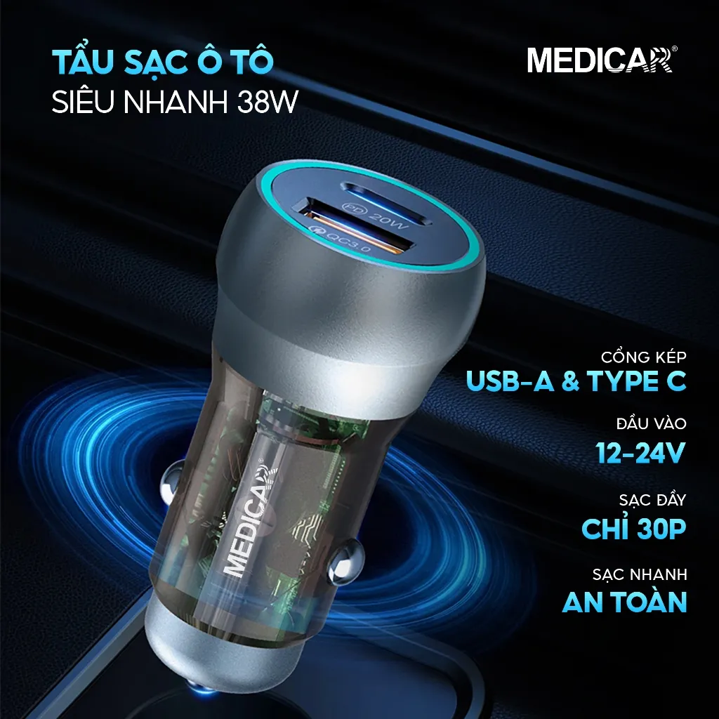 Ảnh Tẩu sạc siêu nhanh ô tô 38W Medicar QC 3.0, cổng kép USB-A & Type C, cốc sạc nhanh xe hơi 12-24V chống cháy nổ 2