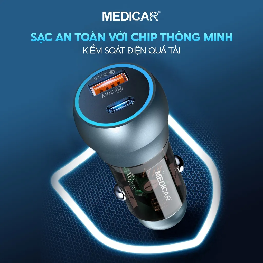 Ảnh Tẩu sạc siêu nhanh ô tô 38W Medicar QC 3.0, cổng kép USB-A & Type C, cốc sạc nhanh xe hơi 12-24V chống cháy nổ 3