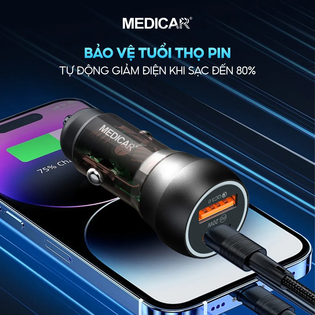 Ảnh Tẩu sạc siêu nhanh ô tô 38W Medicar QC 3.0, cổng kép USB-A & Type C, cốc sạc nhanh xe hơi 12-24V chống cháy nổ 4