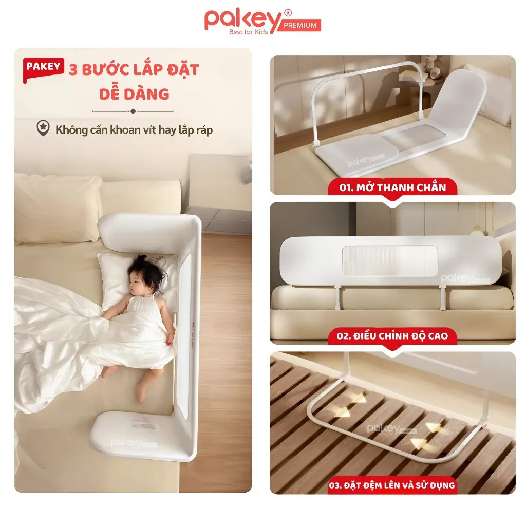 Ảnh Thanh Chắn Giường Đa Năng PAKEY Cao Cấp Có Thể Gập Gọn, Nôi Cũi Trên Giường Tiện Lợi Cho Bé Tặng Kèm Thanh Rời 3