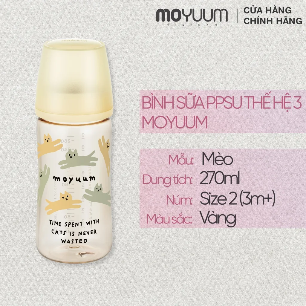 Ảnh Thế hệ 3 - Bình sữa PPSU Moyuum - Mẫu mèo - 270ml - Kèm núm 2 (3m+) 1