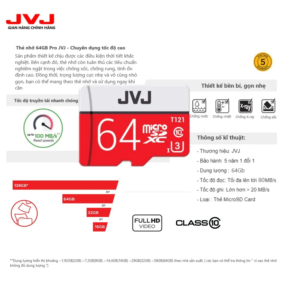 Ảnh Thẻ nhớ 64Gb JVJ Pro U3 Class 10 - chuyên dụng cho CAMERA, Điện thoại, Máy ảnh,... tốc độ cao 95Mb-140Mb/s 2