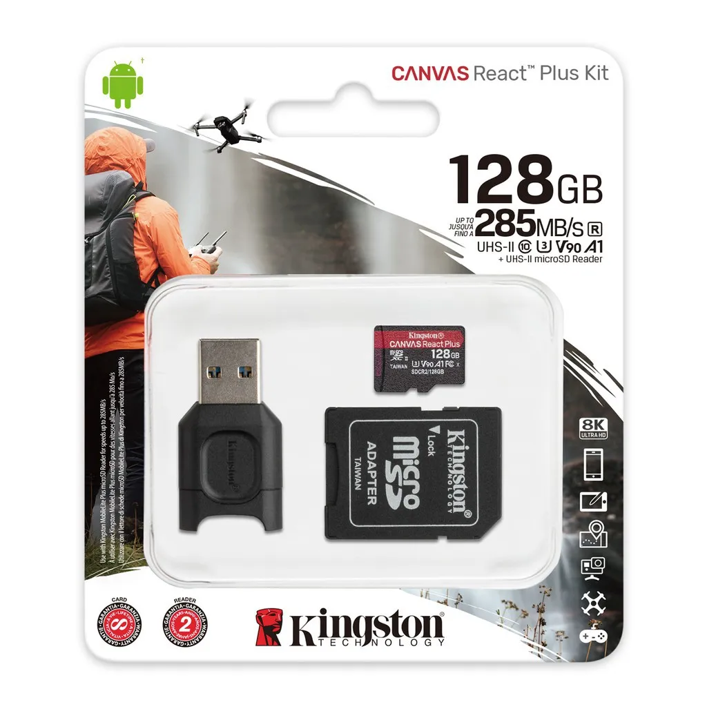 Ảnh Thẻ nhớ micSDXC Kingston Canvas React Plus 128GB 300mbs/260mbs quay video UHS-II 4K/8K, Flycam HD MLPMR2/128GB 2