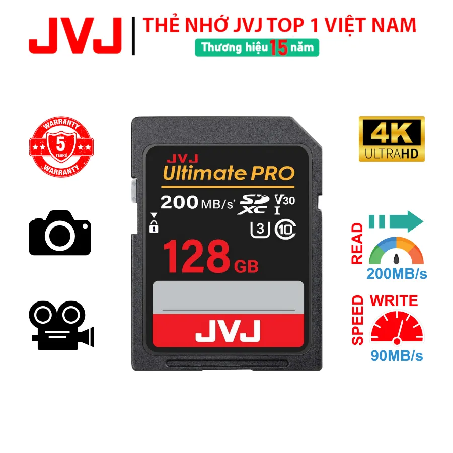 Ảnh Thẻ Nhớ SD 128Gb 64Gb 32Gb JVJ Ultimate Pro Chuẩn V30 U3 Class 10- Thẻ nhớ Máy Ảnh, Máy Quay 4K Full HD- BH 9 Năm 1 Đổi 3