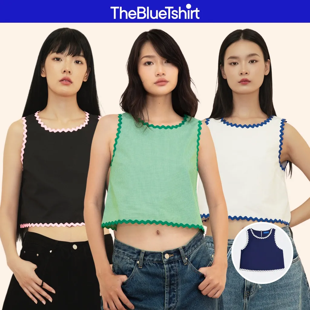 Ảnh TheBlueTshirt - Áo Croptop sát nách cotton cổ tròn viền ren zigzag cho nữ - ZigZag Lace Top - Women 1