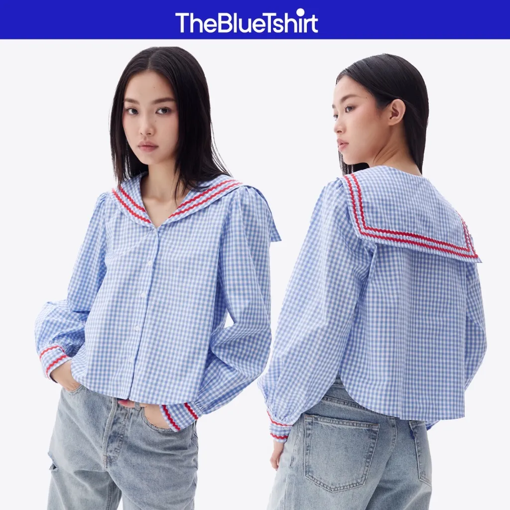 Ảnh TheBlueTshirt - Áo kiểu kẻ sọc caro cổ thuỷ thủ viền ren zigzag cho nữ - School Girl Shirt - Women 1
