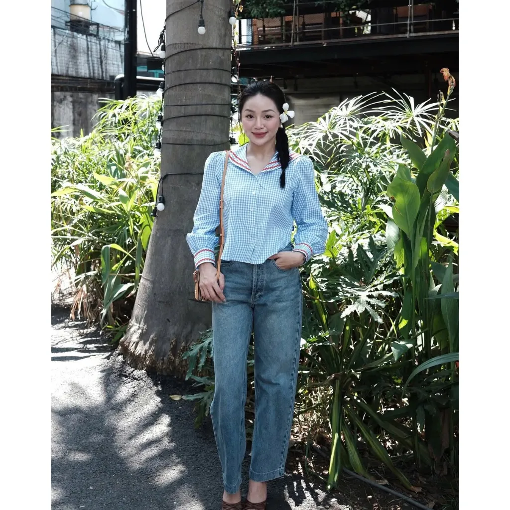 Ảnh TheBlueTshirt - Áo kiểu kẻ sọc caro cổ thuỷ thủ viền ren zigzag cho nữ - School Girl Shirt - Women 3