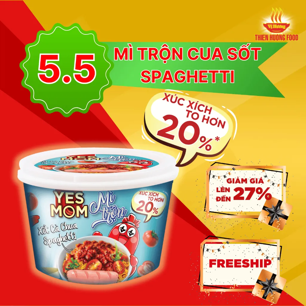 Ảnh Thêm 20% Xúc Xích - Thùng 12 tô Mì Tô Trộn Có Xúc Xích Xốt Cà Chua Spaghetti Yes Mom 113.2gr/ Tô 1