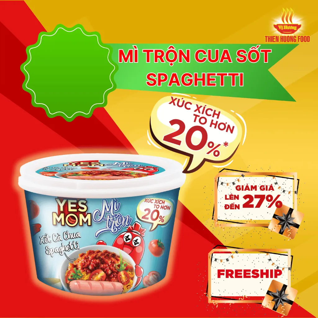 Ảnh Thêm 20% Xúc Xích - Thùng 12 tô Mì Tô Trộn Có Xúc Xích Xốt Cà Chua Spaghetti Yes Mom 113.2gr/ Tô 2