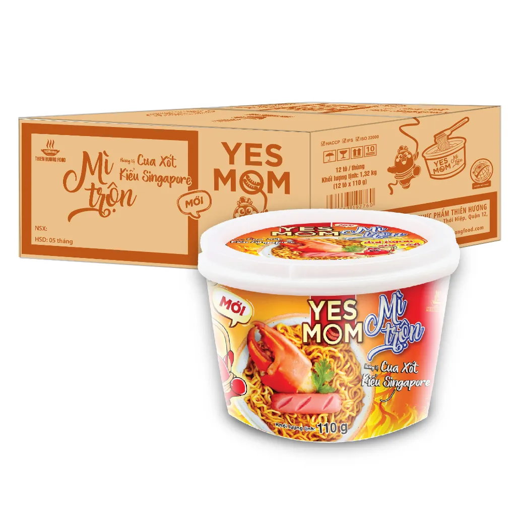 Ảnh Thêm 20% Xúc Xích - Thùng 12 tô Mì Tô Trộn Có Xúc Xích Cua Xốt Singapore Yes Mom 113.2gr/ Tô 4