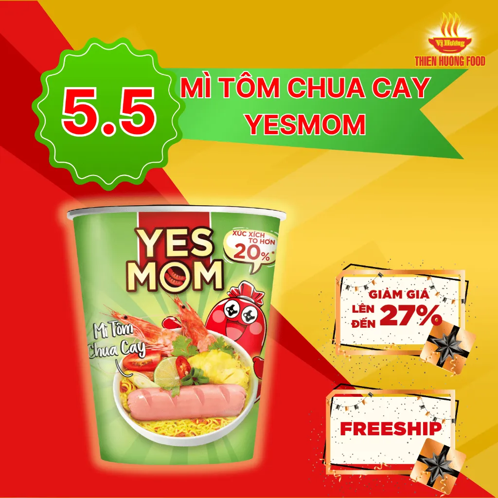 Ảnh Thêm 20% Xúc Xích - Thùng 24 ly mì Yes Mom Tôm Chua Cay 79.2g/ ly 1