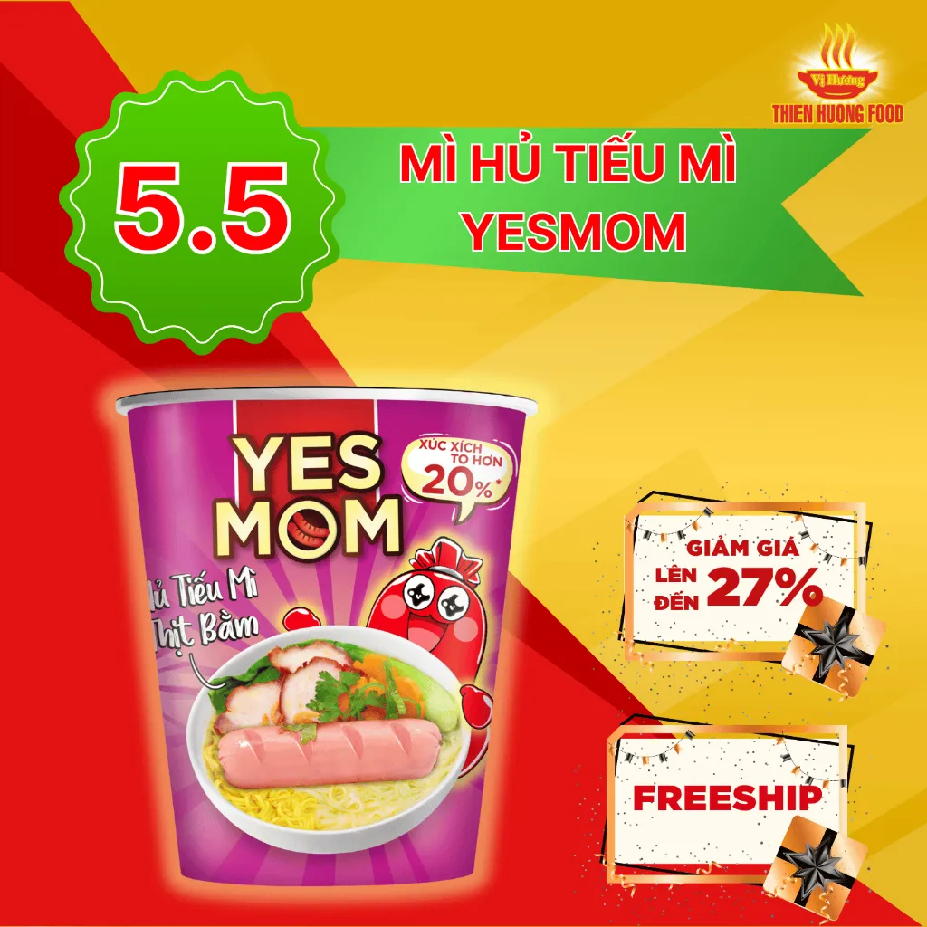Ảnh Thêm 20% Xúc Xích - Thùng 24 Ly Hủ Tiếu Mì Thịt Bằm Yes Mom Có Xúc Xích 79.2g/ly 1