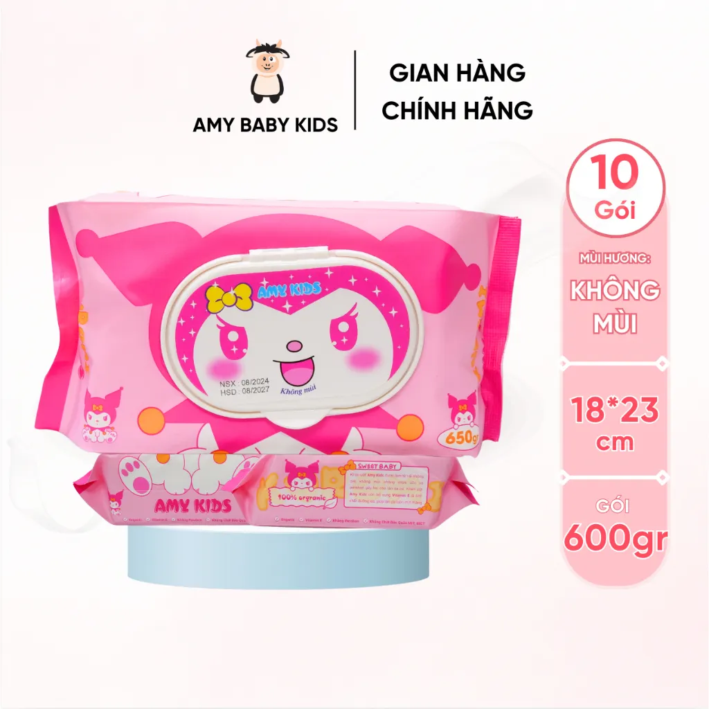 Ảnh Thùng 10 Gói Khăn Giấy Ướt 600Gr Amy Kids Không Mùi An Toàn Cho Bé Gói Hồng & Tím 2