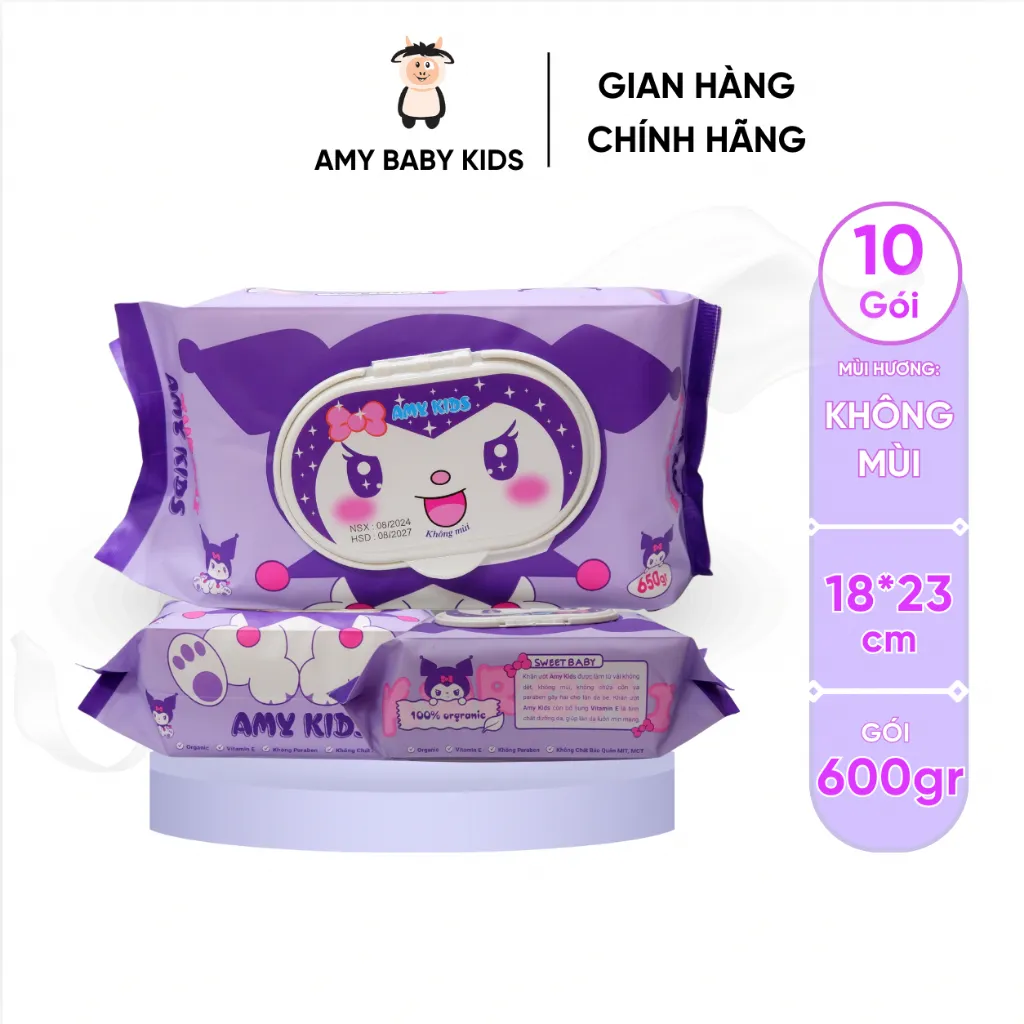 Ảnh Thùng 10 Gói Khăn Giấy Ướt 600Gr Amy Kids Không Mùi An Toàn Cho Bé Gói Hồng & Tím 3