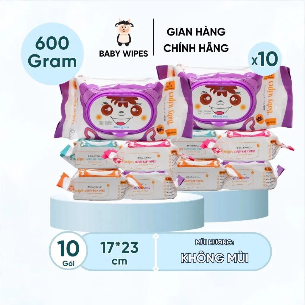 Ảnh Thùng 10 Gói Khăn Ướt Baby Wipes Gói 600gram An Toàn Cho Da Bé 1