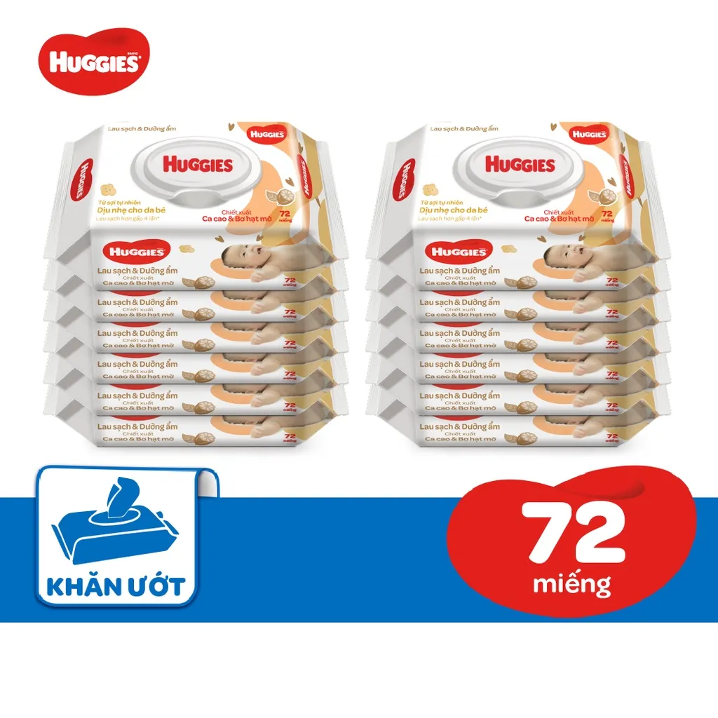 Ảnh Thùng 12 gói Khăn ướt Huggies chiết xuất Cao cao và Bơ hạt mỡ (72 miếng/gói) 2