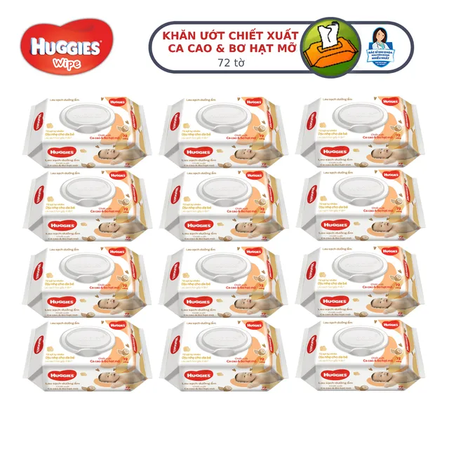 Ảnh Thùng 12 gói Khăn ướt Huggies chiết xuất Cao cao và Bơ hạt mỡ (72 miếng/gói) 4
