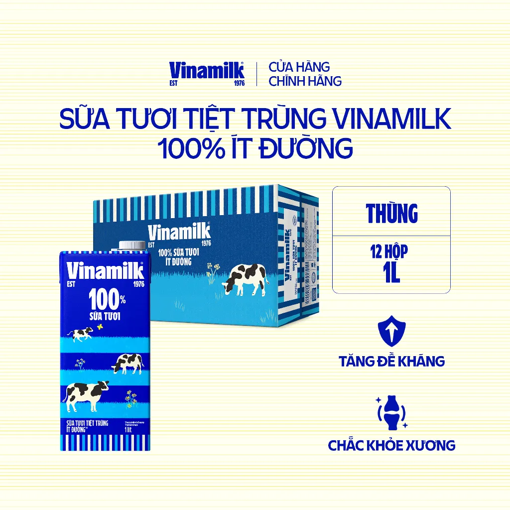 Ảnh Thùng 12 hộp Sữa tươi tiệt trùng Vinamilk 100% ít đường Hộp giấy 1L 1