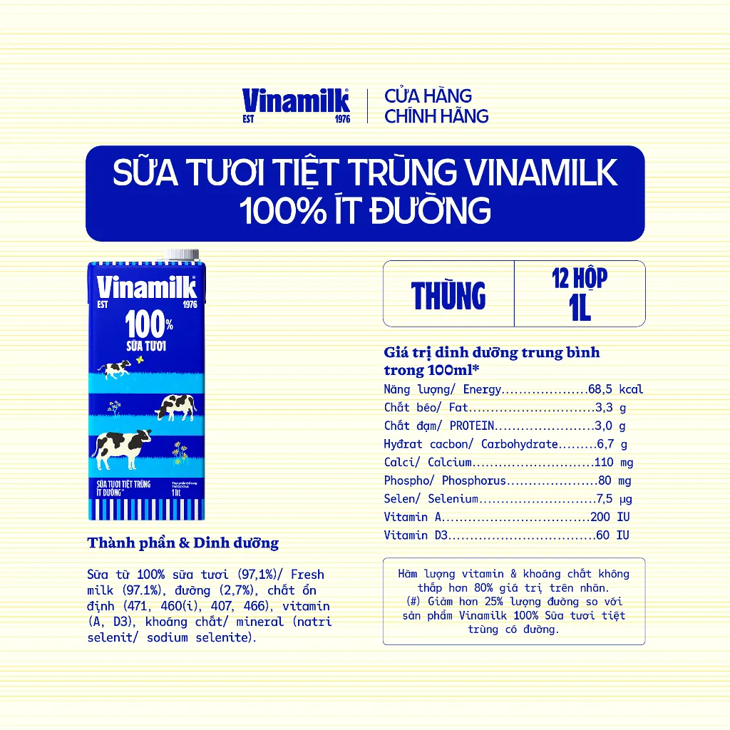 Ảnh Thùng 12 hộp Sữa tươi tiệt trùng Vinamilk 100% ít đường Hộp giấy 1L 2
