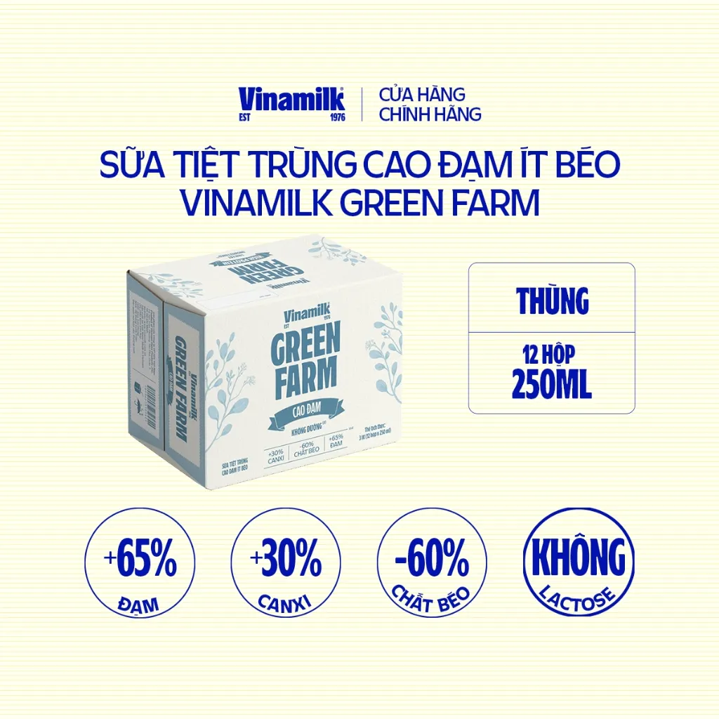 Ảnh Thùng 12 hộp Sữa tươi Vinamilk Green Farm cao đạm, không lactose - hộp 250ml 1
