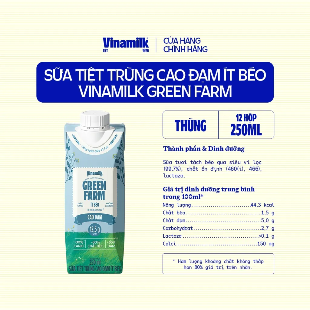 Ảnh Thùng 12 hộp Sữa tươi Vinamilk Green Farm cao đạm, không lactose - hộp 250ml 3
