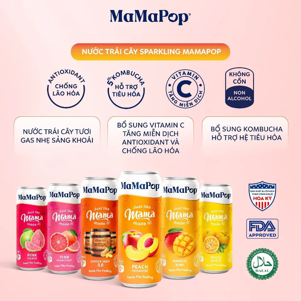 Ảnh Thùng 12 lon nước trái cây sparkling MaMaPop mix 6 vị (330ml/lon) 1