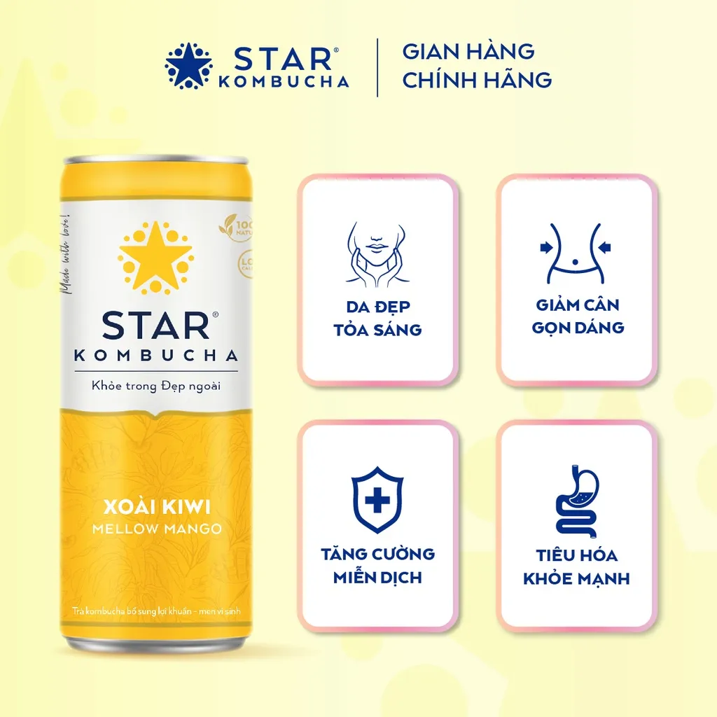 Ảnh Thùng 12 lon STAR KOMBUCHA Xoài Kiwi / Mellow Mango (250ml/lon) -Trà lên men vi sinh hỗ trợ tiêu hóa 1