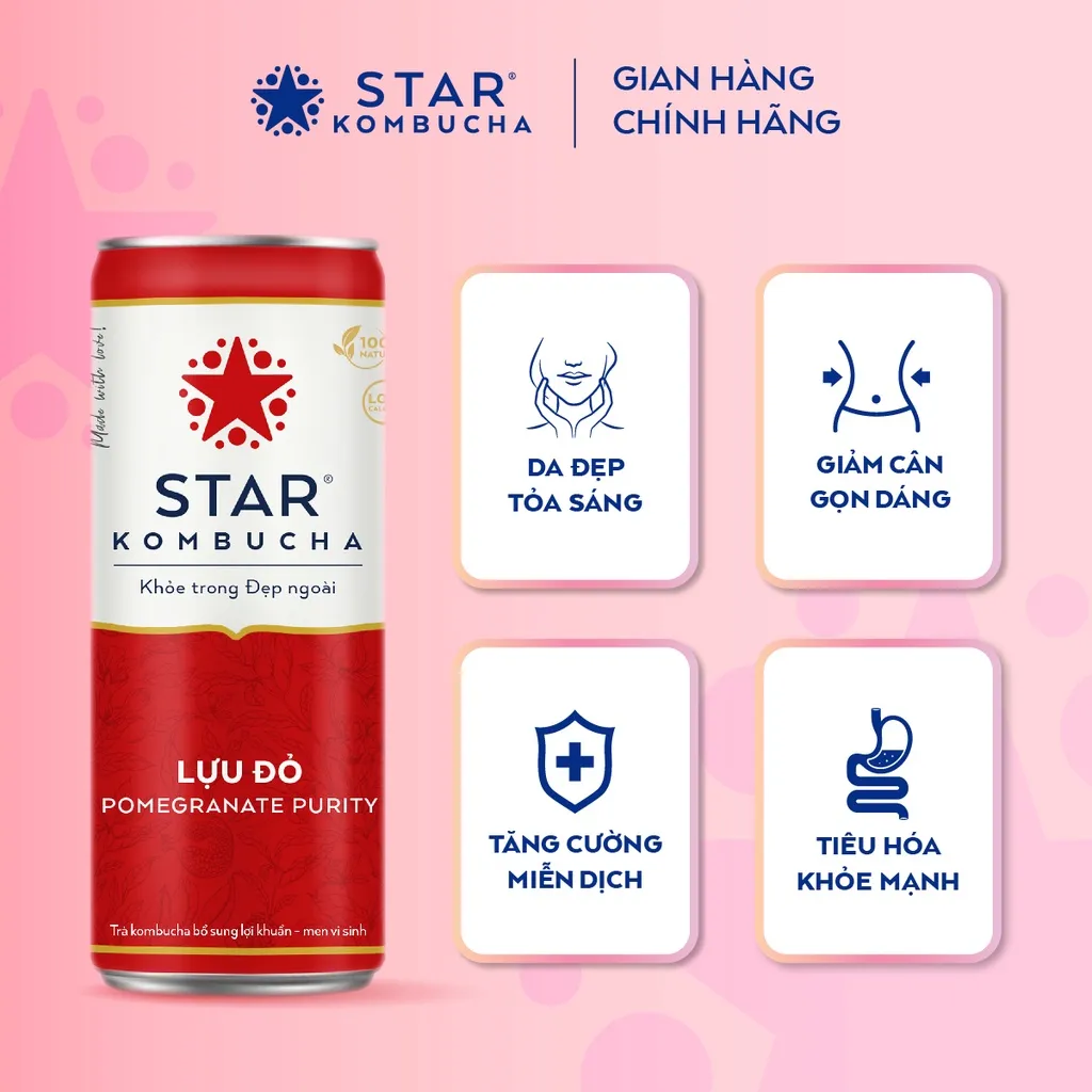 Ảnh Thùng 12 lon STAR KOMBUCHA Lựu Đỏ / Pomegranate (250ml/lon) - Trà lên men vi sinh bảo vệ sức khỏe 1
