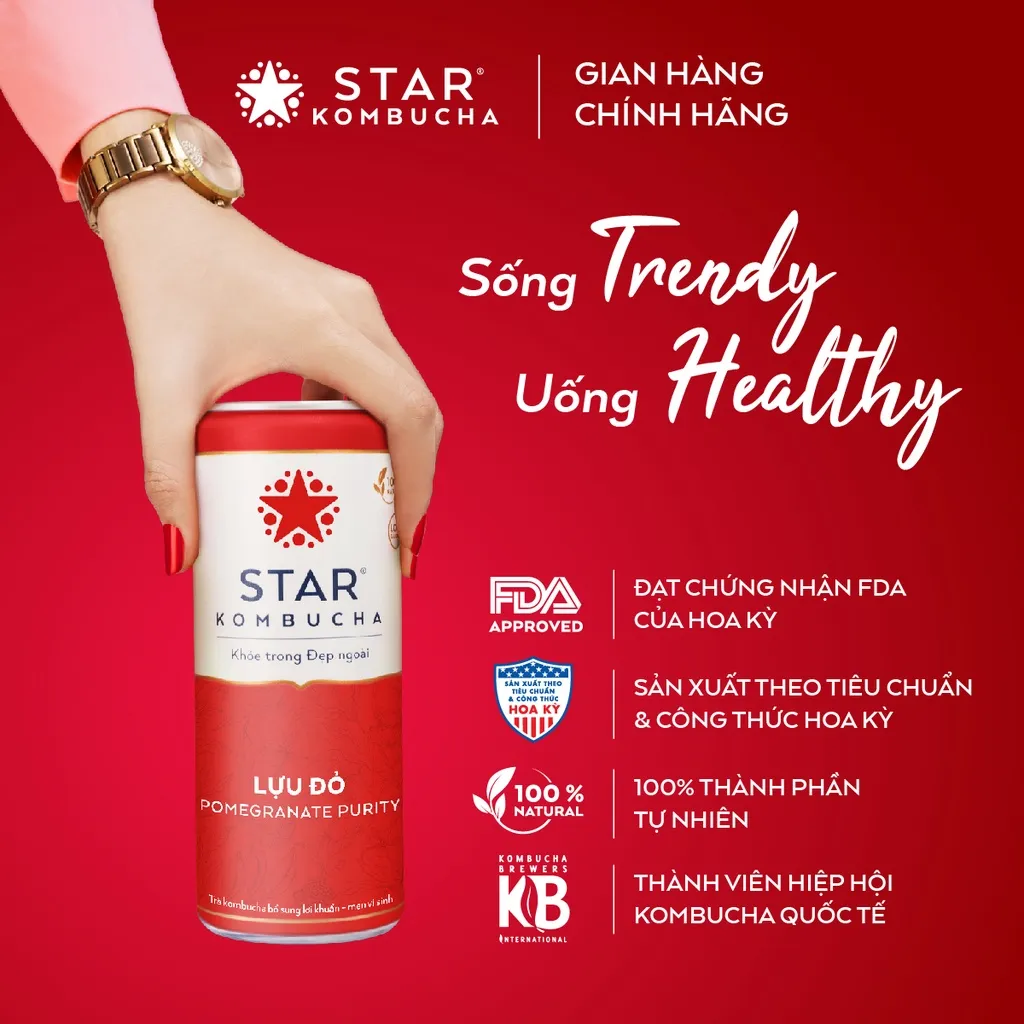 Ảnh Thùng 12 lon STAR KOMBUCHA Lựu Đỏ / Pomegranate (250ml/lon) - Trà lên men vi sinh bảo vệ sức khỏe 2