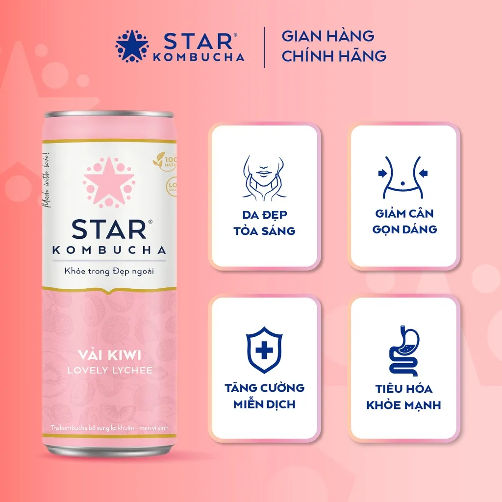 Ảnh Thùng 12 lon trà STAR KOMBUCHA Vải Kiwi / Lychee (250ml/lon) - Trà lên men vi sinh hỗ trợ tiêu hóa 1