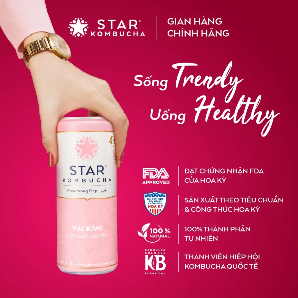 Ảnh Thùng 12 lon trà STAR KOMBUCHA Vải Kiwi / Lychee (250ml/lon) - Trà lên men vi sinh hỗ trợ tiêu hóa 2