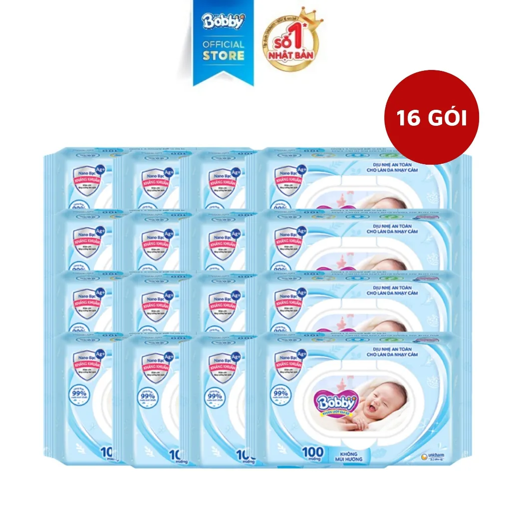 Ảnh Thùng 16 Gói Khăn ướt Bobby không mùi 100 miếng/gói (Xanh) 1