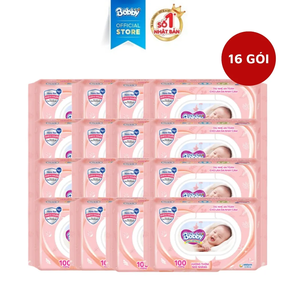 Ảnh Thùng 16 Gói Khăn ướt Bobby Care hương thơm nhẹ nhàng 100 miếng/gói (Hồng) 1