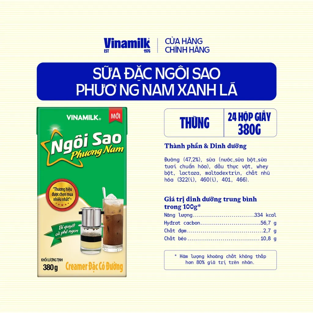 Ảnh Thùng 24 hộp Creamer sữa đặc Ngôi Sao Phương Nam xanh lá Hộp giấy 380g 3