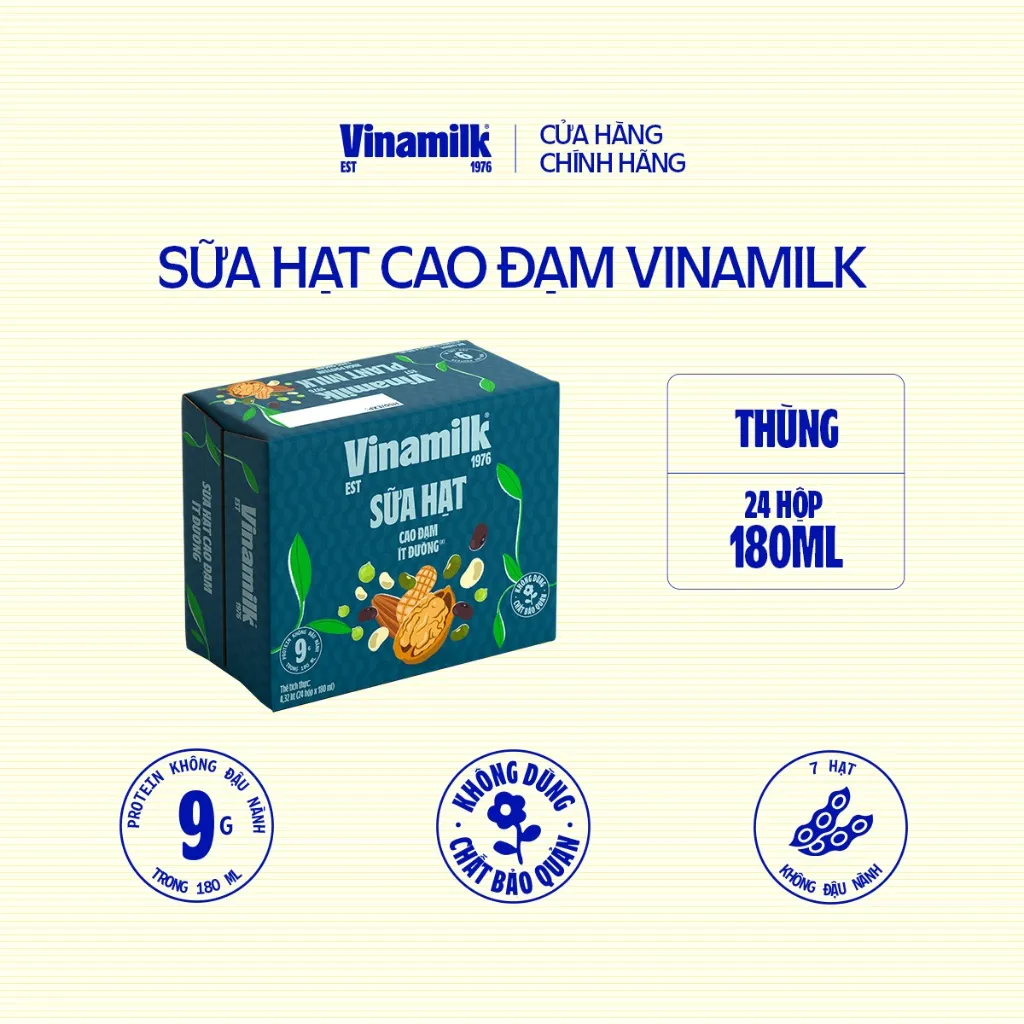 Ảnh Thùng 24 hộp sữa hạt Cao Đạm ít đường Vinamilk - hộp 180ml 1