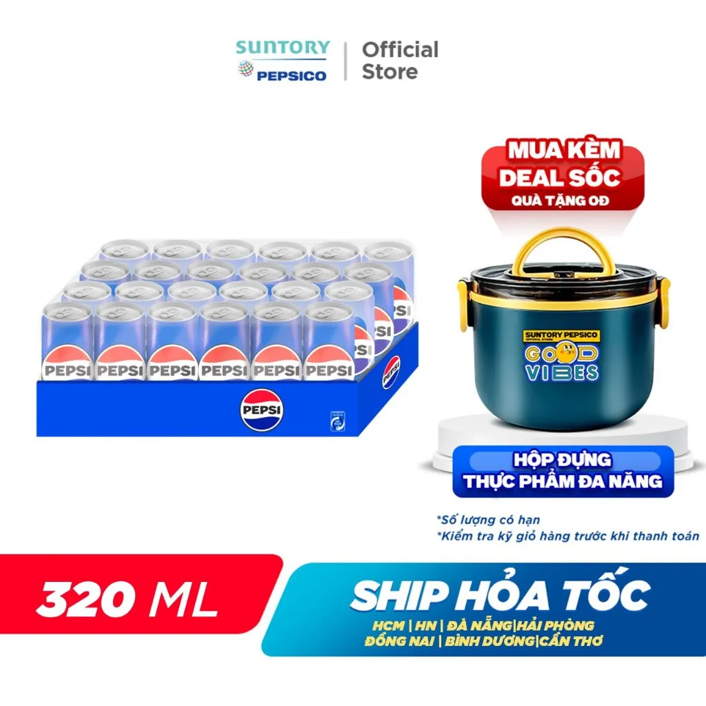 Ảnh Thùng 24 Lon Nước Ngọt Có Gaz Pepsi (320ml/lon hoặc 350ml/lon) 1
