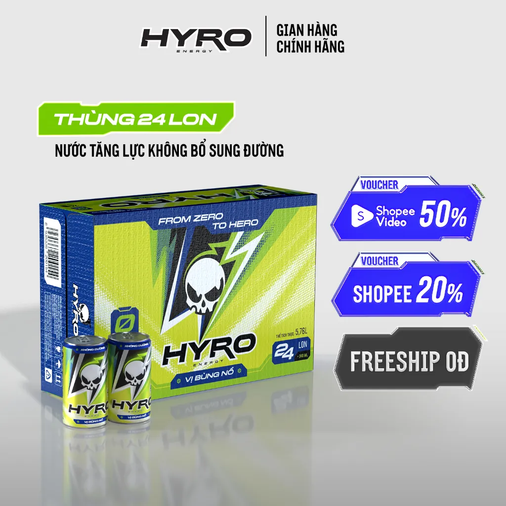 Ảnh Thùng 24 lon nước tăng lực Hyro không bổ sung đường 1