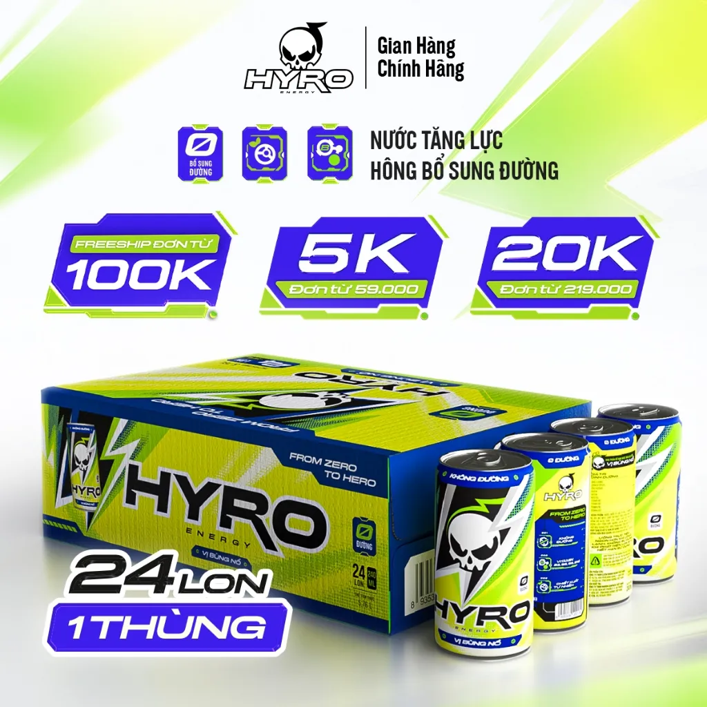 Ảnh Thùng 24 lon nước tăng lực Hyro không bổ sung đường 3