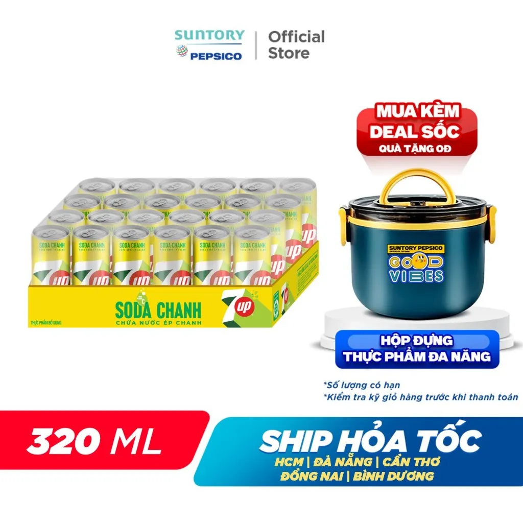 Ảnh Thùng 24 Lon Nước Uống Có Gaz 7UP Soda Chanh Không Calo (320ml/lon) 1