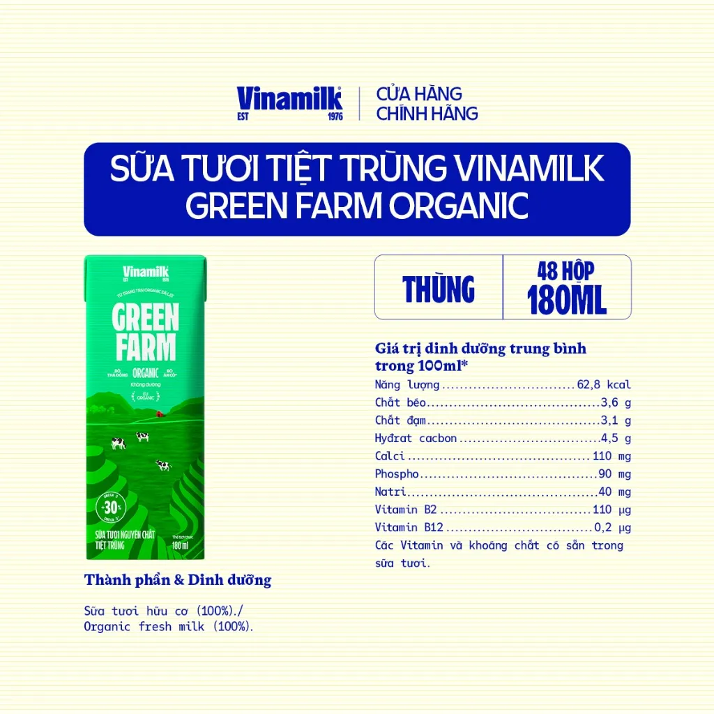 Ảnh Thùng 48 hộp Sữa Tươi Tiệt Trùng Vinamilk Green Farm Organic 180ml 3